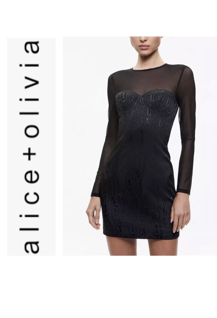 Alice and Olivia Takako Mesh Long Sleeve Minidress in Black Size 8